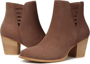 TEMOFON Ankle Boots for Women Booties: Suede Short Boot with Chunky Low Heel, Almond Toe Comfortable Dressy Shoes Side Zipper 2024 Trendy Fall