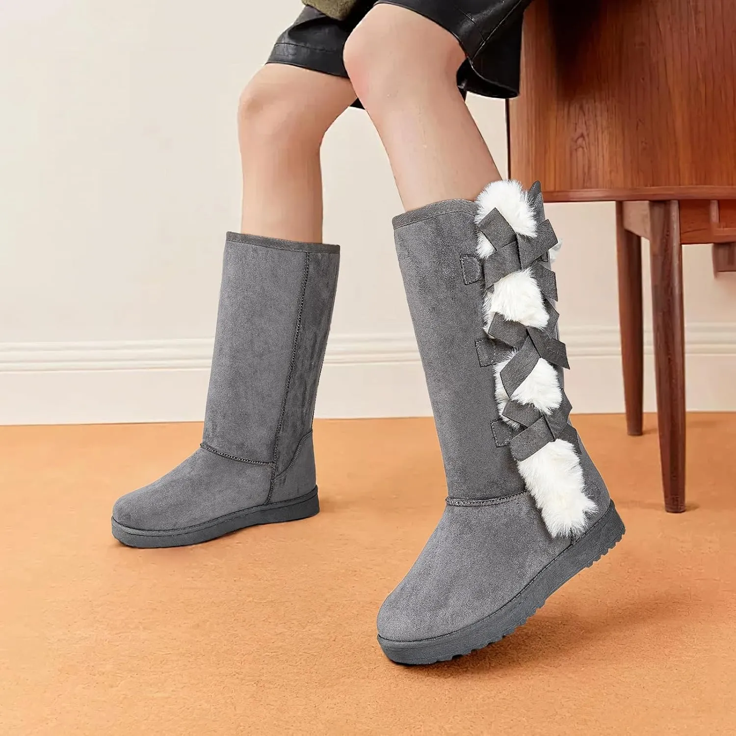 THATXUAOV Womens winter boots,Black fuzzy Mid-Calf Boots,fashion Warm casual outdoor snow boots for women