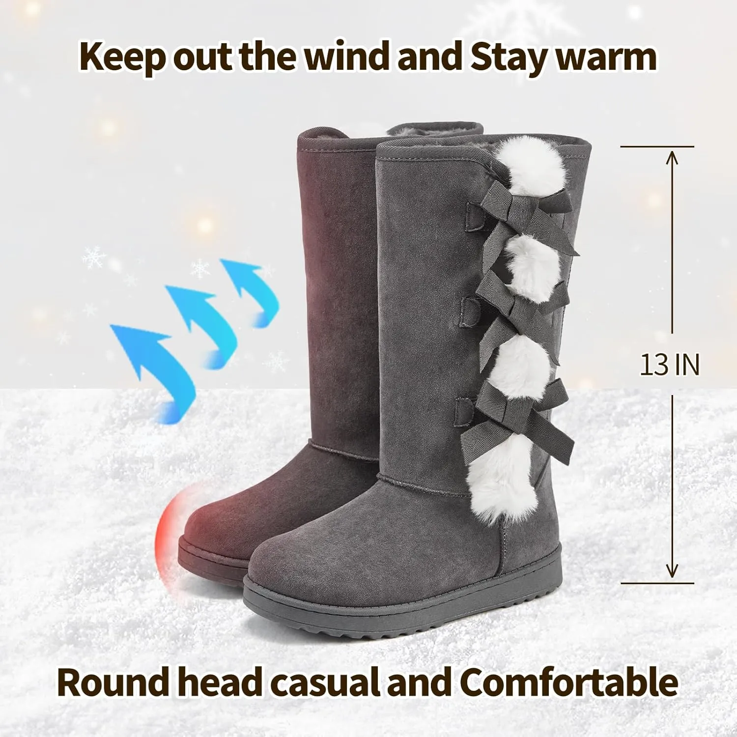 THATXUAOV Womens winter boots,Black fuzzy Mid-Calf Boots,fashion Warm casual outdoor snow boots for women