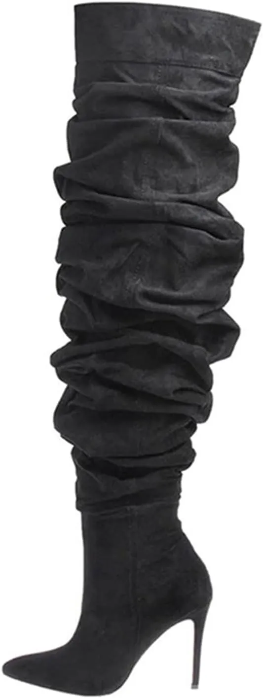 THESHY Women's Slouchy Over The Knee Boots Denim Pointed Toe Stiletto Heel Thigh High Boots Pleated Tall Fashion Sexy Bootie