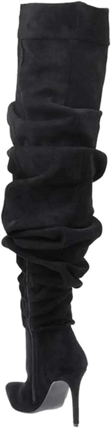 THESHY Women's Slouchy Over The Knee Boots Denim Pointed Toe Stiletto Heel Thigh High Boots Pleated Tall Fashion Sexy Bootie