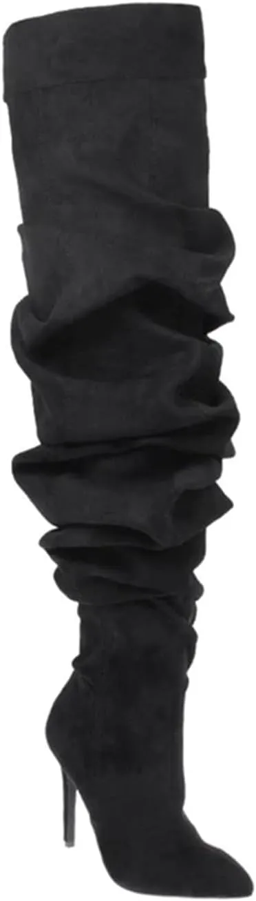 THESHY Women's Slouchy Over The Knee Boots Denim Pointed Toe Stiletto Heel Thigh High Boots Pleated Tall Fashion Sexy Bootie