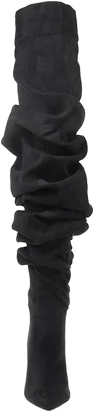 THESHY Women's Slouchy Over The Knee Boots Denim Pointed Toe Stiletto Heel Thigh High Boots Pleated Tall Fashion Sexy Bootie