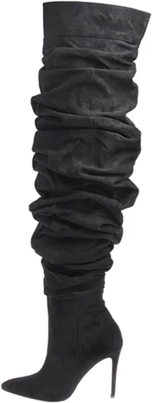 THESHY Women's Slouchy Over The Knee Boots Denim Pointed Toe Stiletto Heel Thigh High Boots Pleated Tall Fashion Sexy Bootie