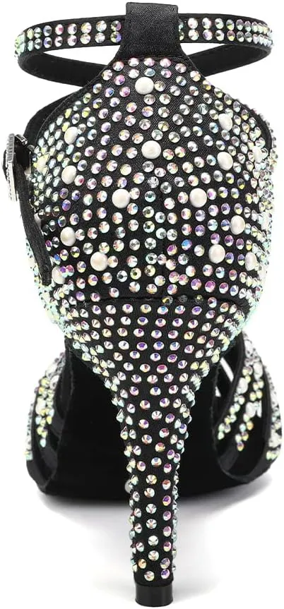 TINRYMX Women Latin Dance Shoes Rhinestones Sparkly Ballroom Salsa Performance Party Dancing Heels,Model-L432/L506