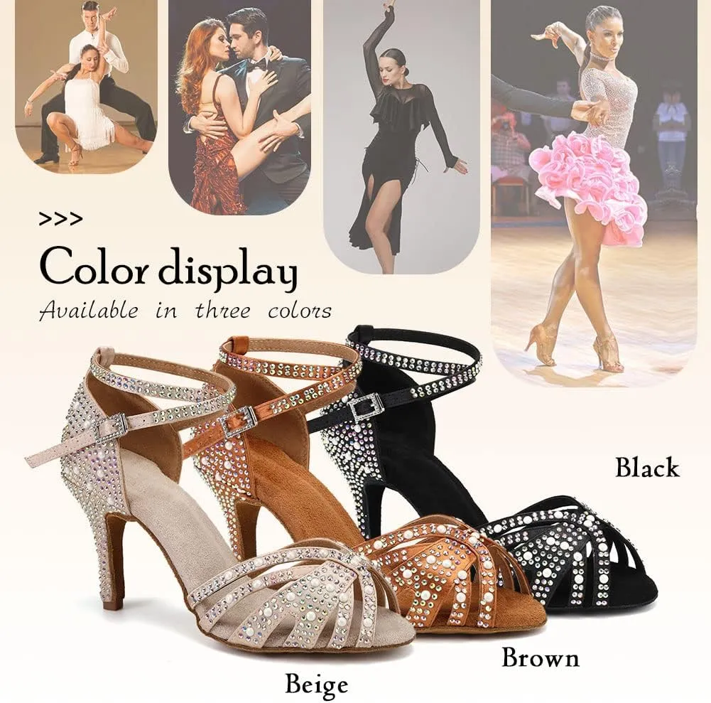 TINRYMX Women Latin Dance Shoes Rhinestones Sparkly Ballroom Salsa Performance Party Dancing Heels,Model-L432/L506