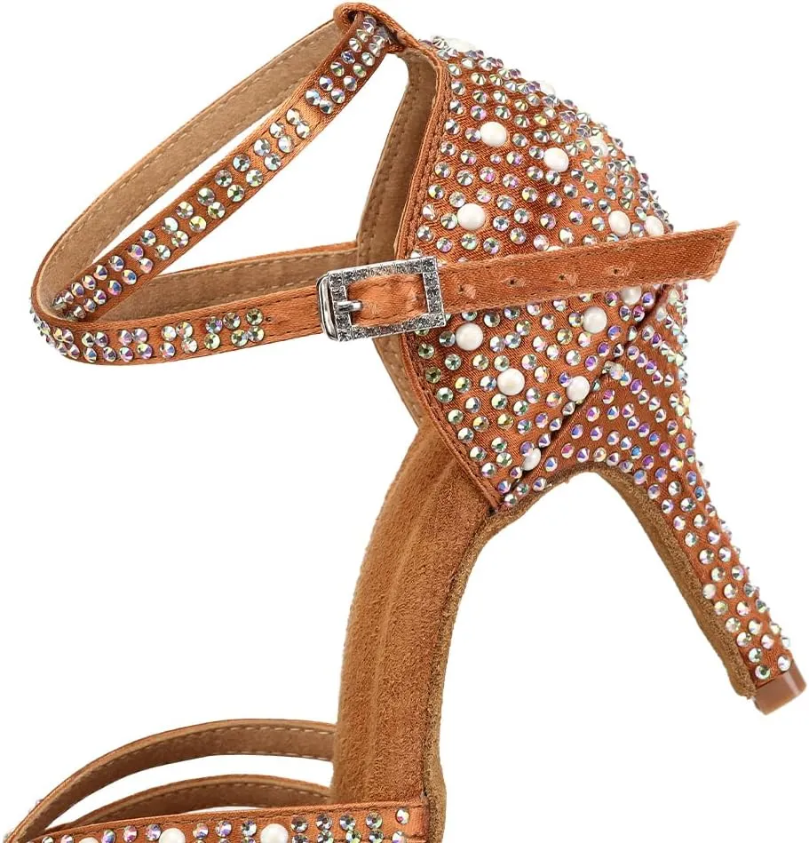 TINRYMX Women Latin Dance Shoes Rhinestones Sparkly Ballroom Salsa Performance Party Dancing Heels,Model-L432/L506