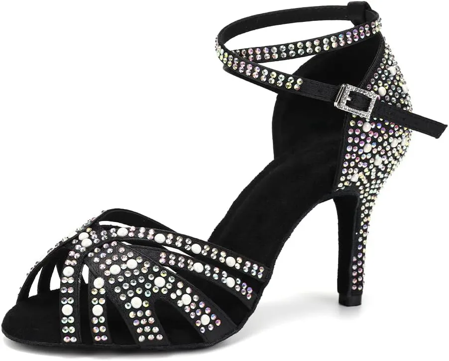 TINRYMX Women Latin Dance Shoes Rhinestones Sparkly Ballroom Salsa Performance Party Dancing Heels,Model-L432/L506