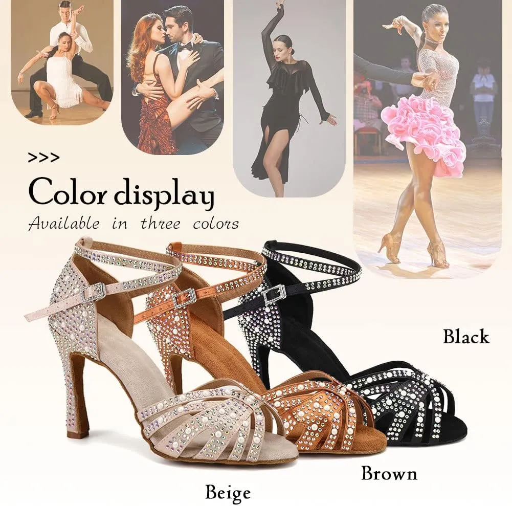 TINRYMX Women Latin Dance Shoes Rhinestones Sparkly Ballroom Salsa Performance Party Dancing Heels,Model-L432/L506
