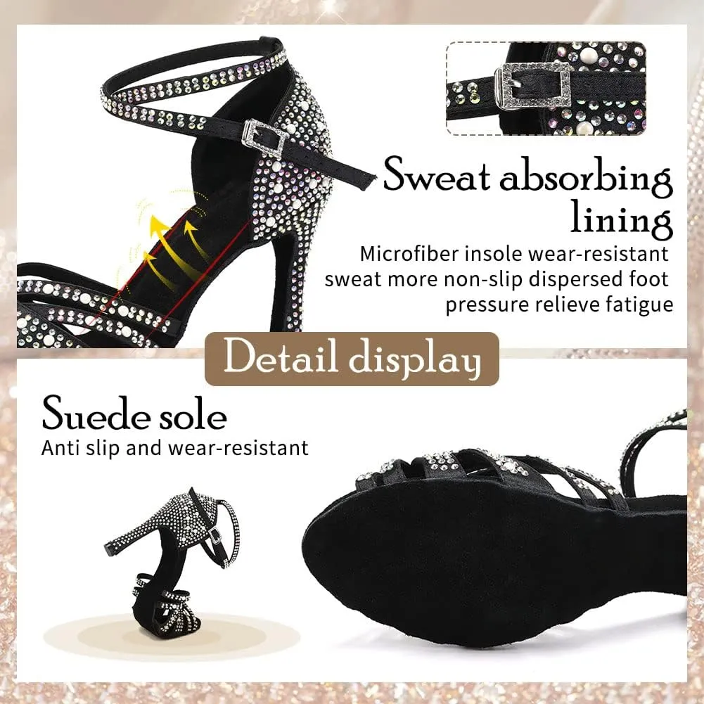 TINRYMX Women Latin Dance Shoes Rhinestones Sparkly Ballroom Salsa Performance Party Dancing Heels,Model-L432/L506