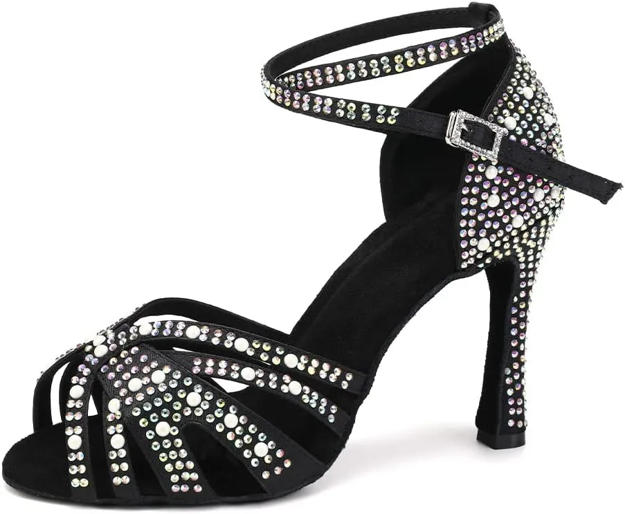 TINRYMX Women Latin Dance Shoes Rhinestones Sparkly Ballroom Salsa Performance Party Dancing Heels,Model-L432/L506