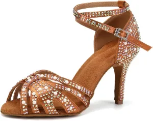 TINRYMX Women Latin Dance Shoes Rhinestones Sparkly Ballroom Salsa Performance Party Dancing Heels,Model-L432/L506