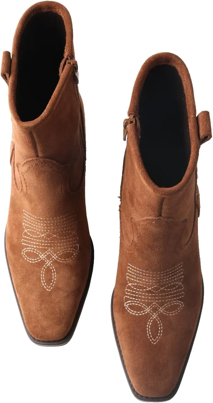 TMA EYES Women's Low-Heeled Pointy Ankle Western Boots With Side Zipper