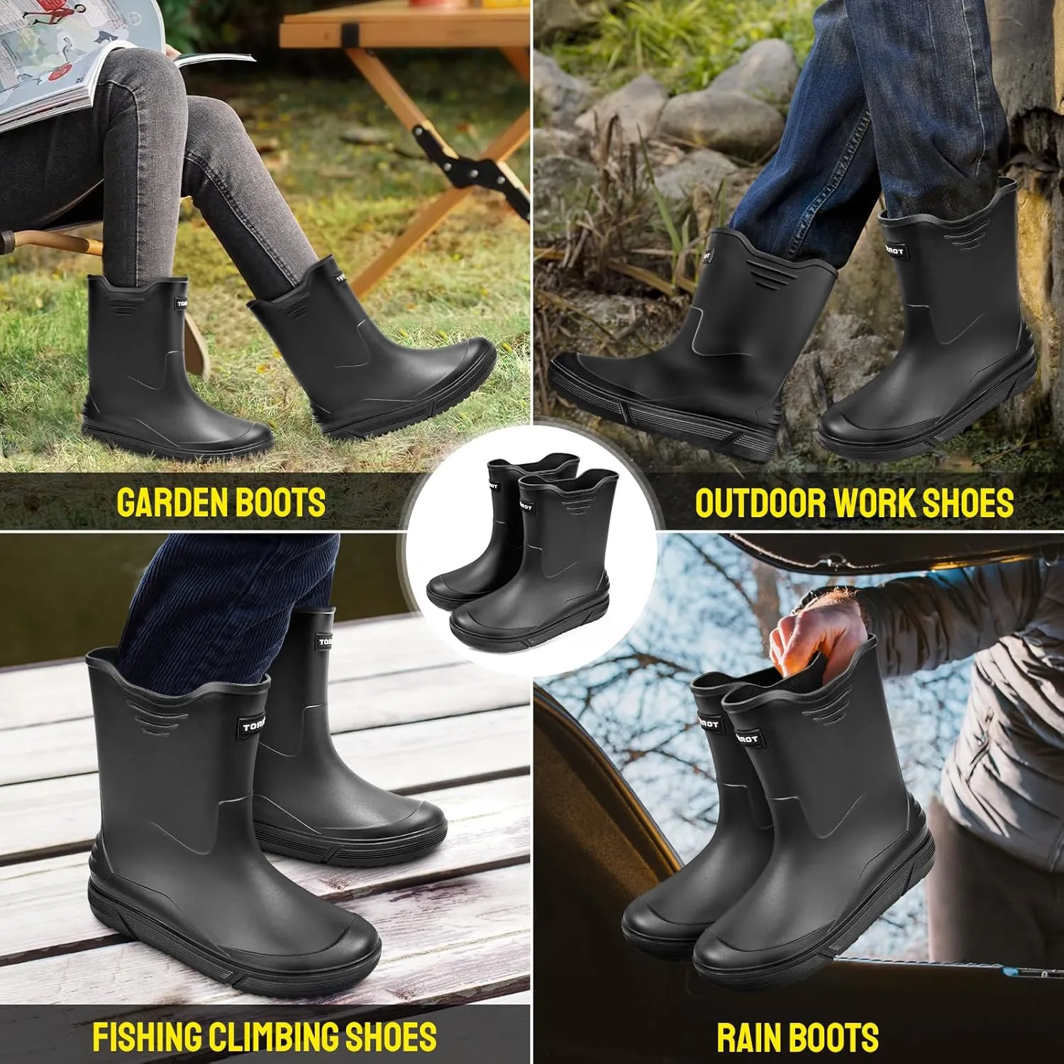 Tmore Rain Boots for Men Waterproof Rubber Boots Mid-Calf Anti-slip Garden Boots Comfort Lightweight Work Shoes Rainboot for Outdoor, Fishing, Hiking, Camping