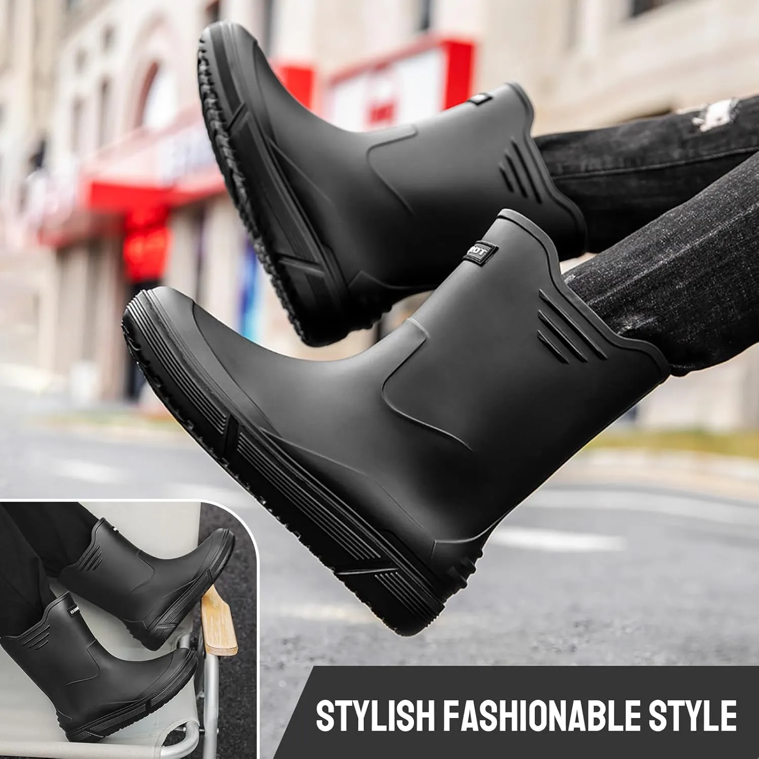 Tmore Rain Boots for Men Waterproof Rubber Boots Mid-Calf Anti-slip Garden Boots Comfort Lightweight Work Shoes Rainboot for Outdoor, Fishing, Hiking, Camping