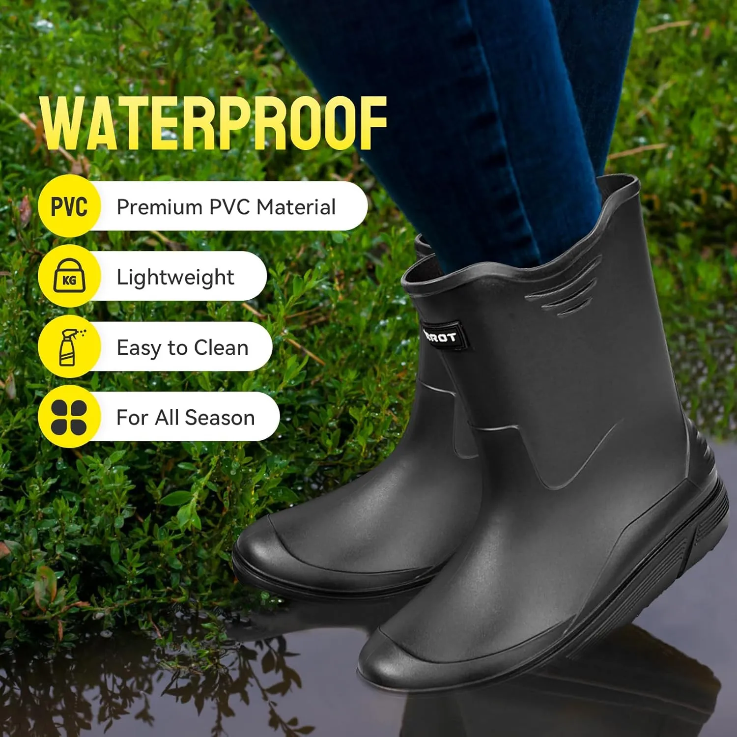 Tmore Rain Boots for Men Waterproof Rubber Boots Mid-Calf Anti-slip Garden Boots Comfort Lightweight Work Shoes Rainboot for Outdoor, Fishing, Hiking, Camping