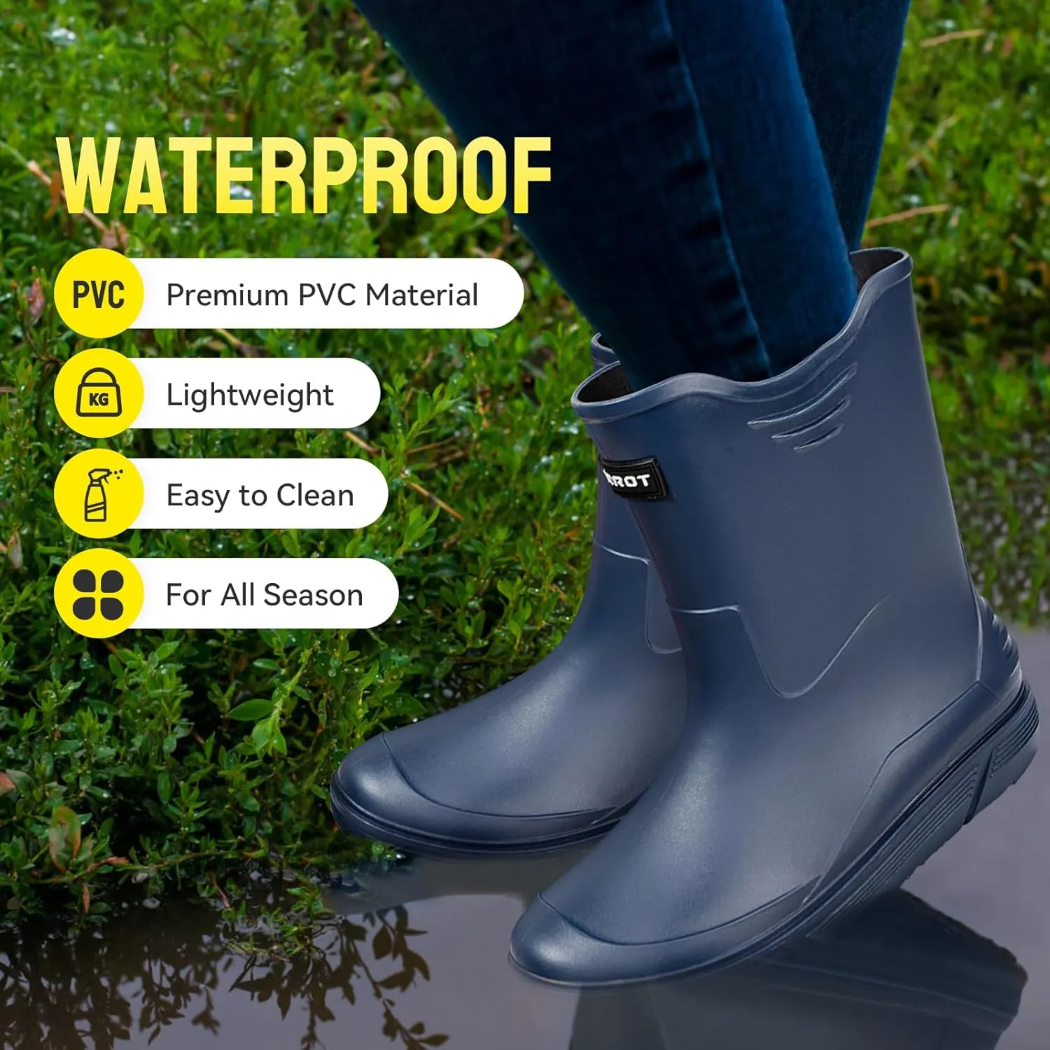 Tmore Rain Boots for Men Waterproof Rubber Boots Mid-Calf Anti-slip Garden Boots Comfort Lightweight Work Shoes Rainboot for Outdoor, Fishing, Hiking, Camping