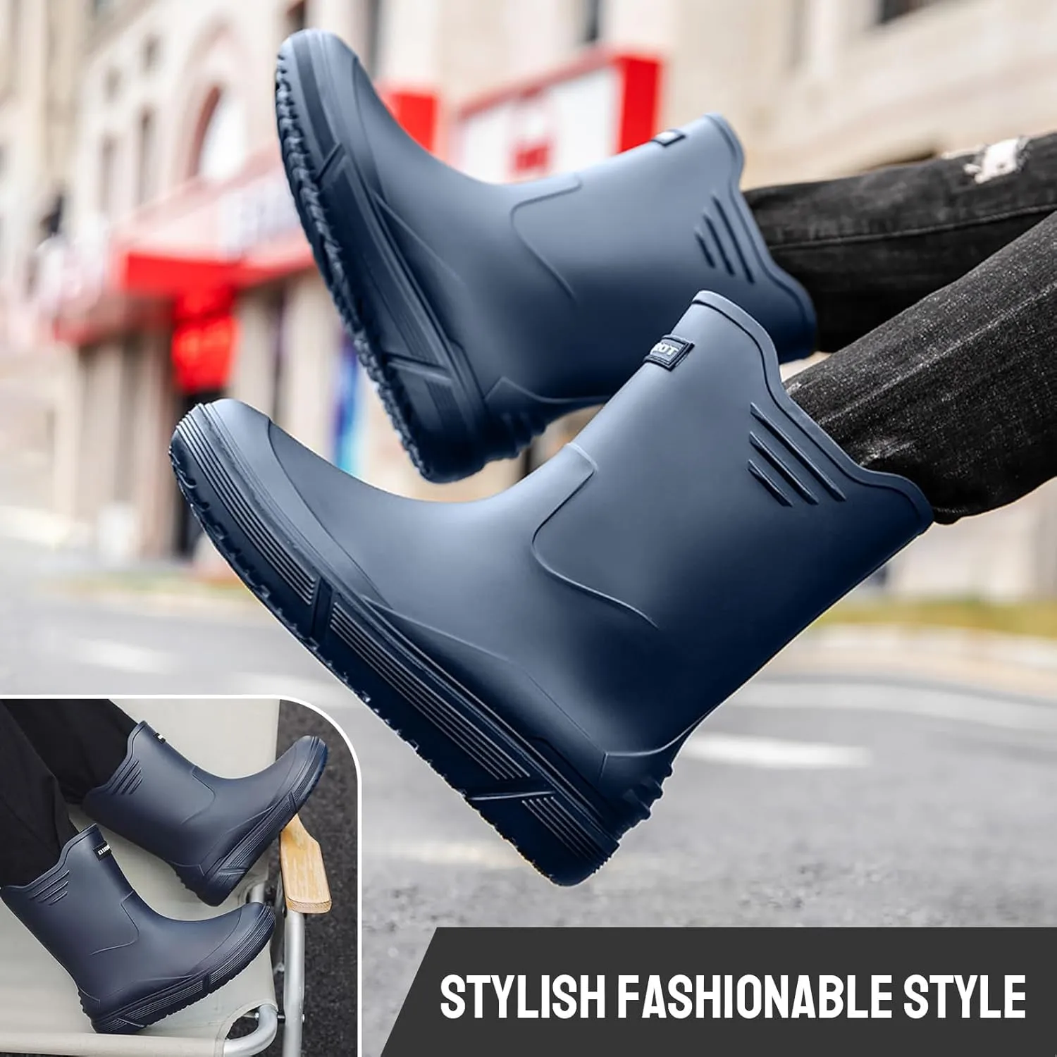 Tmore Rain Boots for Men Waterproof Rubber Boots Mid-Calf Anti-slip Garden Boots Comfort Lightweight Work Shoes Rainboot for Outdoor, Fishing, Hiking, Camping