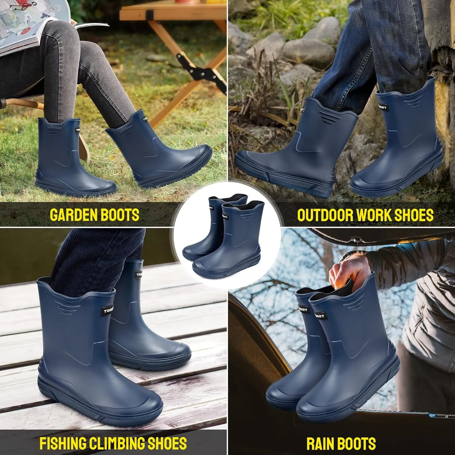 Tmore Rain Boots for Men Waterproof Rubber Boots Mid-Calf Anti-slip Garden Boots Comfort Lightweight Work Shoes Rainboot for Outdoor, Fishing, Hiking, Camping