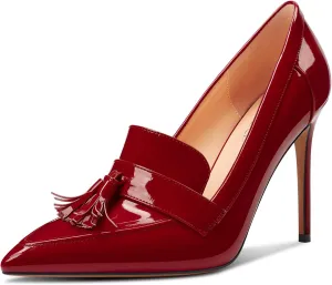 TNYNFBEB Womens Stiletto High Heel Pointed Toe Pumps Tassel Loafers Shoes Slip-on Prom Dress Patent Leather 3.9 Inches Heels