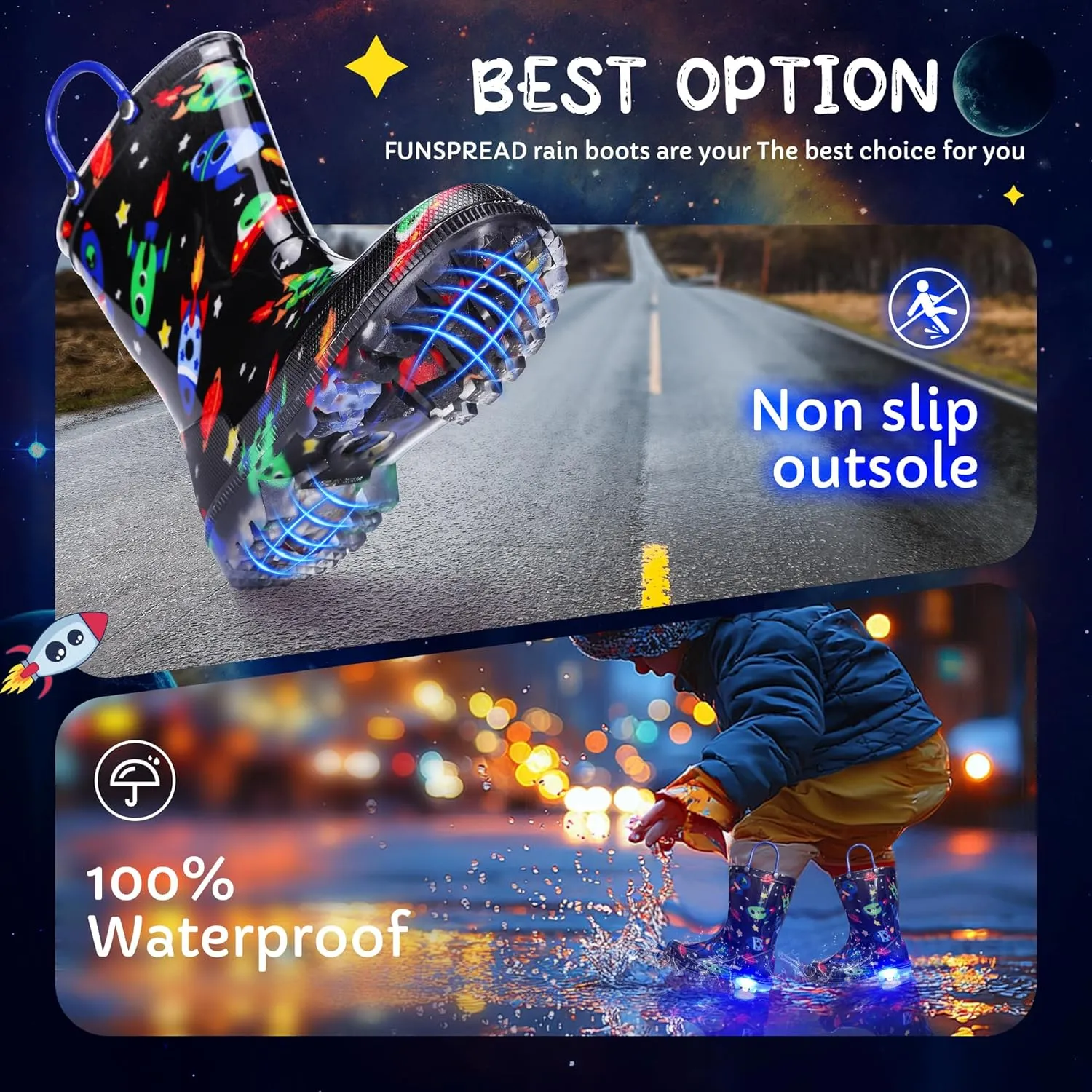 Toddler Rain Boots Boys Rain Boots - Patterns Light Up Kids Rain Boots with Easy-On Handles Lightwight Waterproof Rain Shoes (Toddler/Little/Big kids)