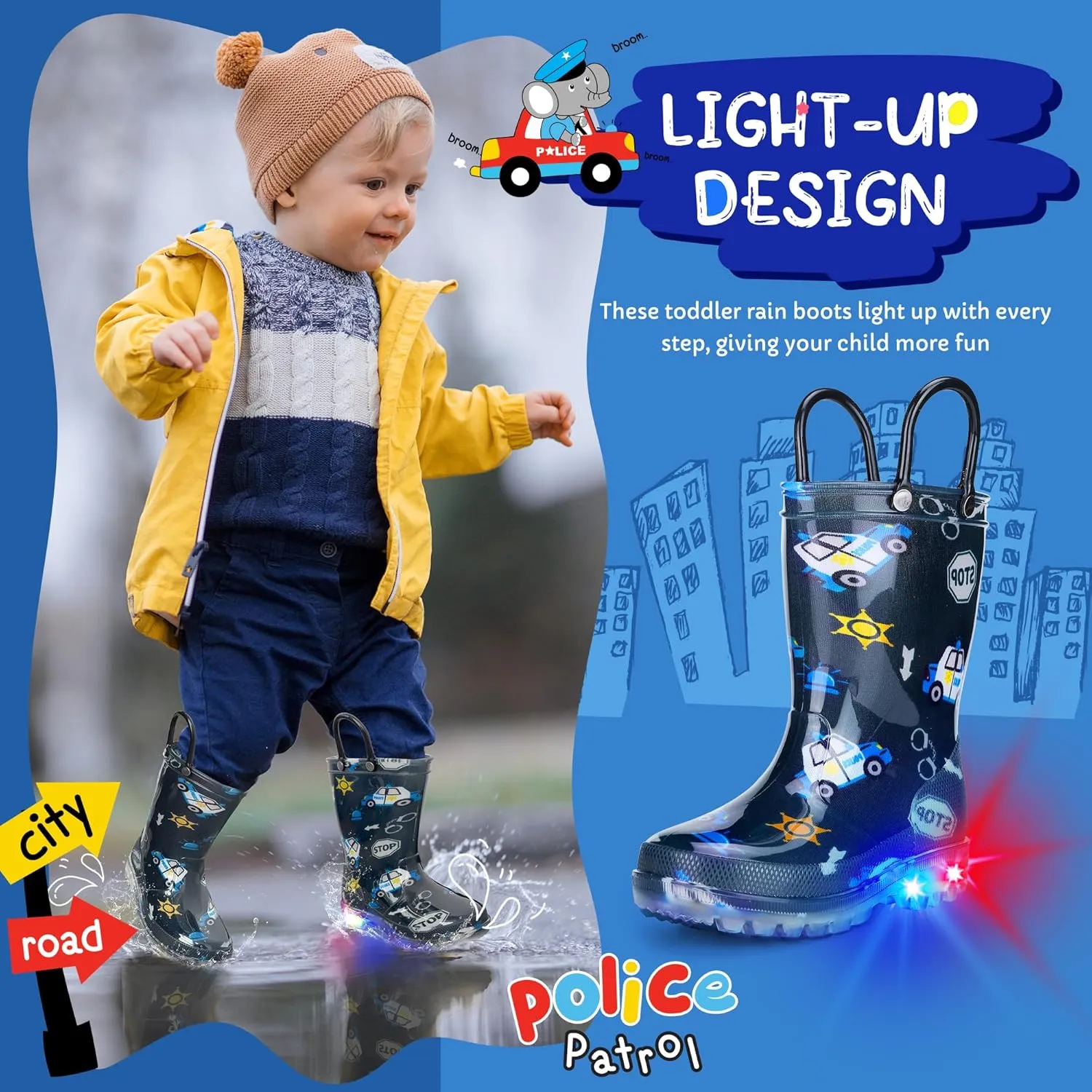 Toddler Rain Boots Boys Rain Boots - Patterns Light Up Kids Rain Boots with Easy-On Handles Lightwight Waterproof Rain Shoes (Toddler/Little/Big kids)