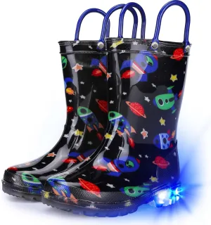 Toddler Rain Boots Boys Rain Boots - Patterns Light Up Kids Rain Boots with Easy-On Handles Lightwight Waterproof Rain Shoes (Toddler/Little/Big kids)