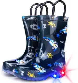 Toddler Rain Boots Boys Rain Boots - Patterns Light Up Kids Rain Boots with Easy-On Handles Lightwight Waterproof Rain Shoes (Toddler/Little/Big kids)