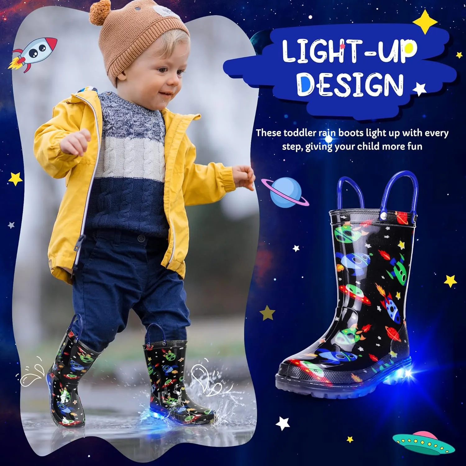 Toddler Rain Boots Boys Rain Boots - Patterns Light Up Kids Rain Boots with Easy-On Handles Lightwight Waterproof Rain Shoes (Toddler/Little/Big kids)