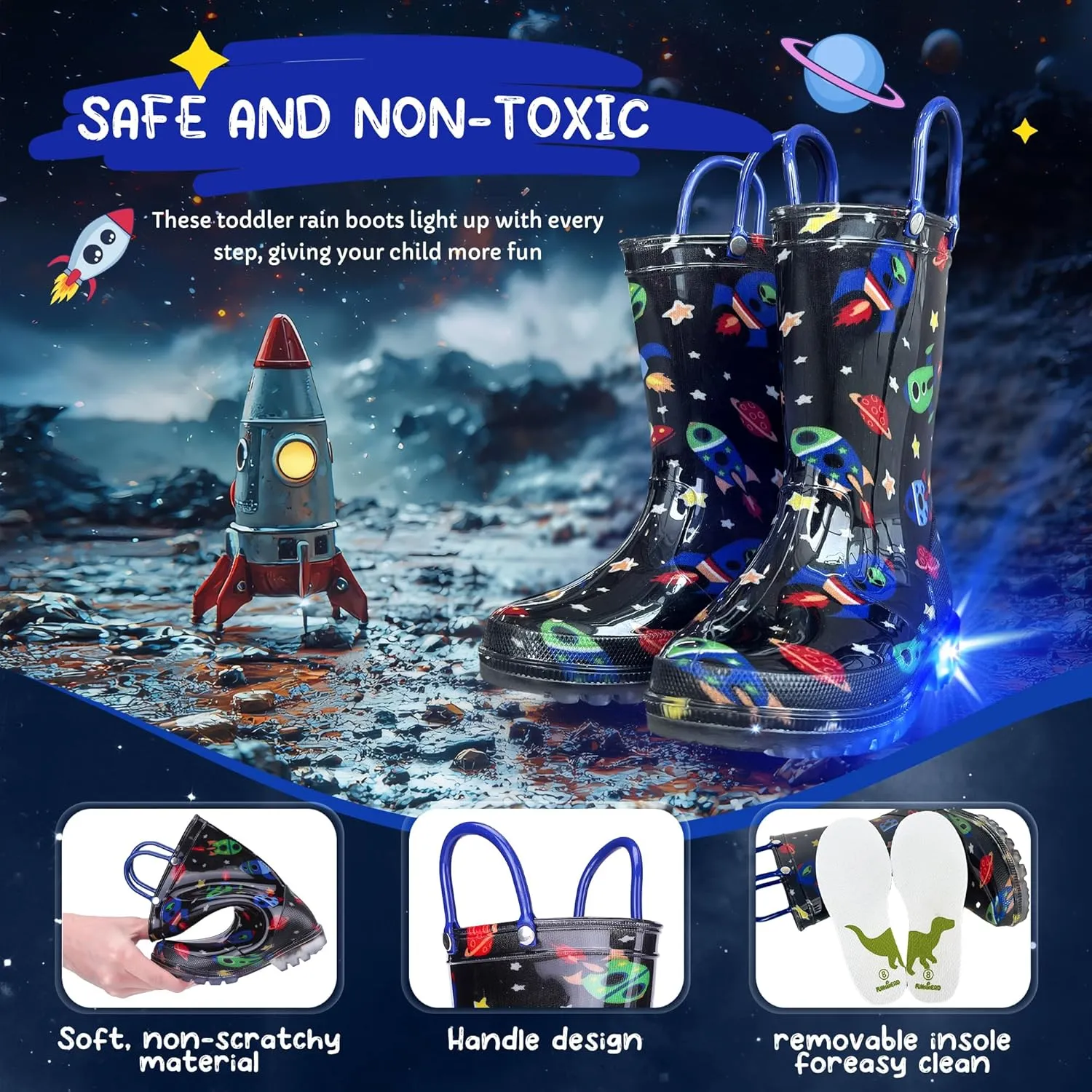 Toddler Rain Boots Boys Rain Boots - Patterns Light Up Kids Rain Boots with Easy-On Handles Lightwight Waterproof Rain Shoes (Toddler/Little/Big kids)