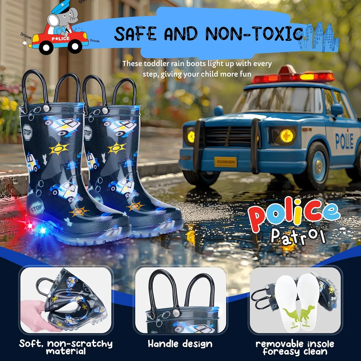 Toddler Rain Boots Boys Rain Boots - Patterns Light Up Kids Rain Boots with Easy-On Handles Lightwight Waterproof Rain Shoes (Toddler/Little/Big kids)