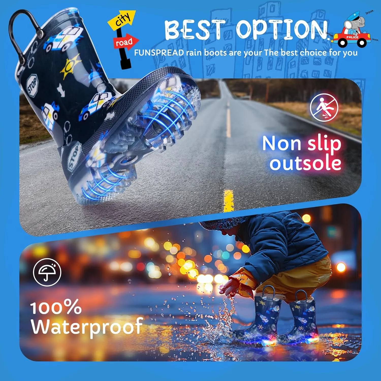Toddler Rain Boots Boys Rain Boots - Patterns Light Up Kids Rain Boots with Easy-On Handles Lightwight Waterproof Rain Shoes (Toddler/Little/Big kids)