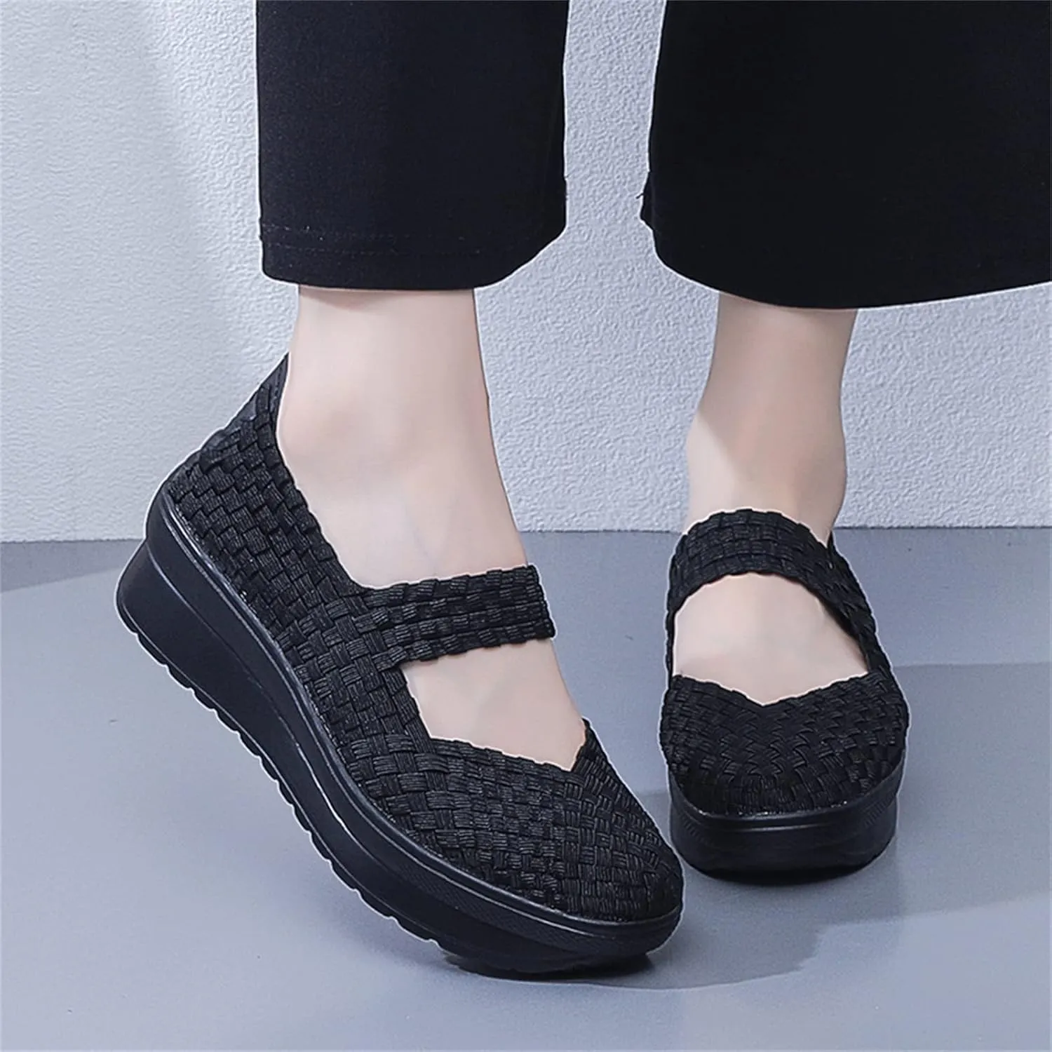 Touchmosees Women's Platform Wedge Sandals Woven Pumps Mary Jane Shoes Comfortable Walking Shoes