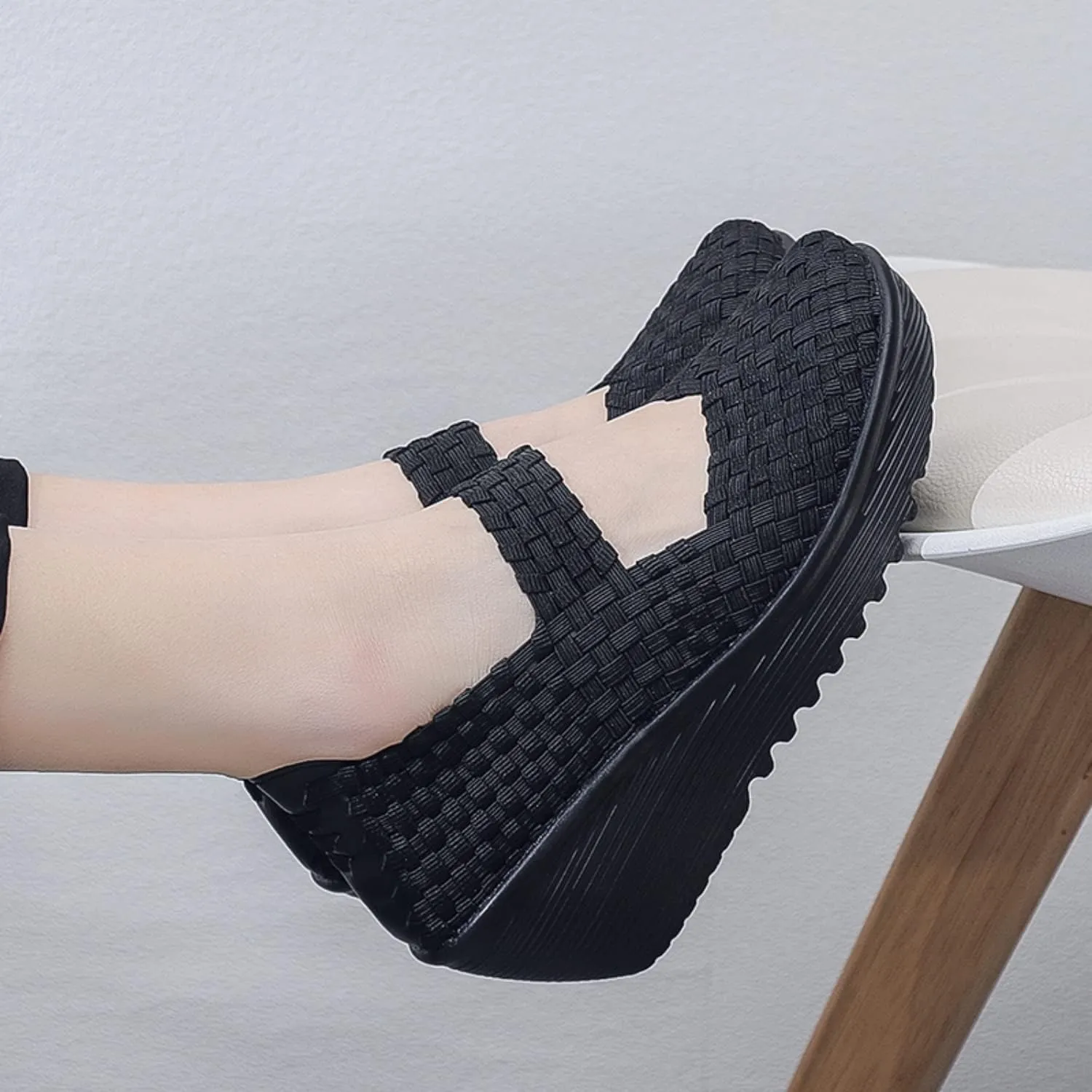 Touchmosees Women's Platform Wedge Sandals Woven Pumps Mary Jane Shoes Comfortable Walking Shoes