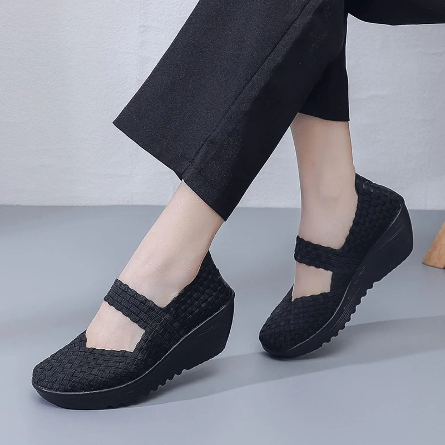 Touchmosees Women's Platform Wedge Sandals Woven Pumps Mary Jane Shoes Comfortable Walking Shoes