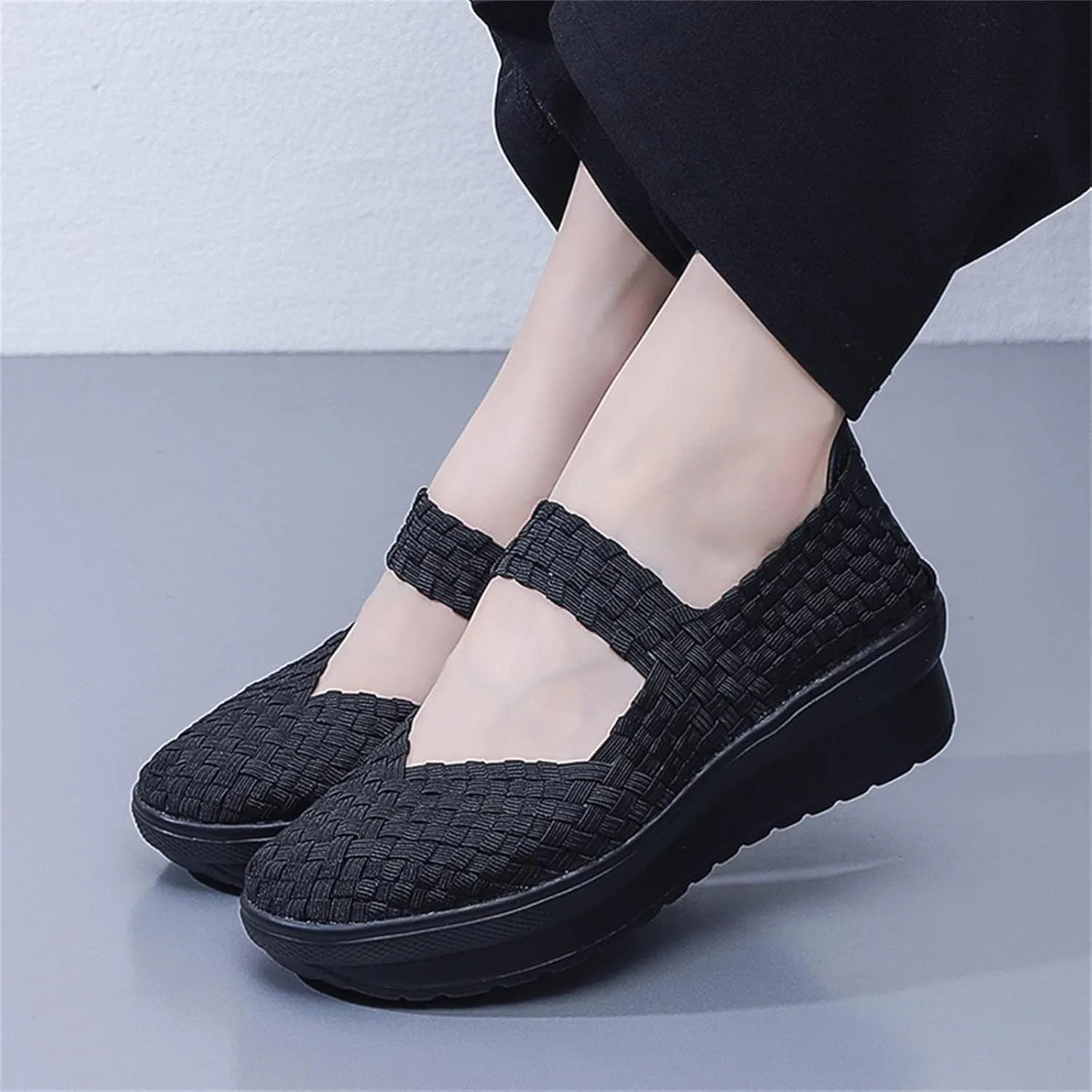 Touchmosees Women's Platform Wedge Sandals Woven Pumps Mary Jane Shoes Comfortable Walking Shoes