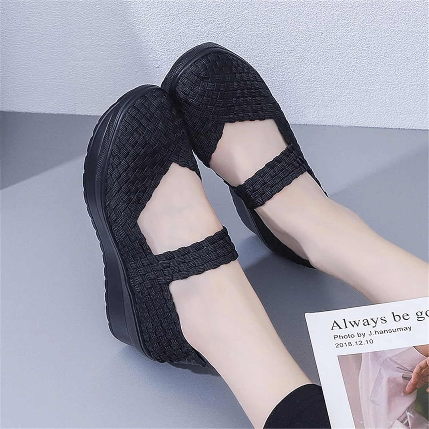 Touchmosees Women's Platform Wedge Sandals Woven Pumps Mary Jane Shoes Comfortable Walking Shoes