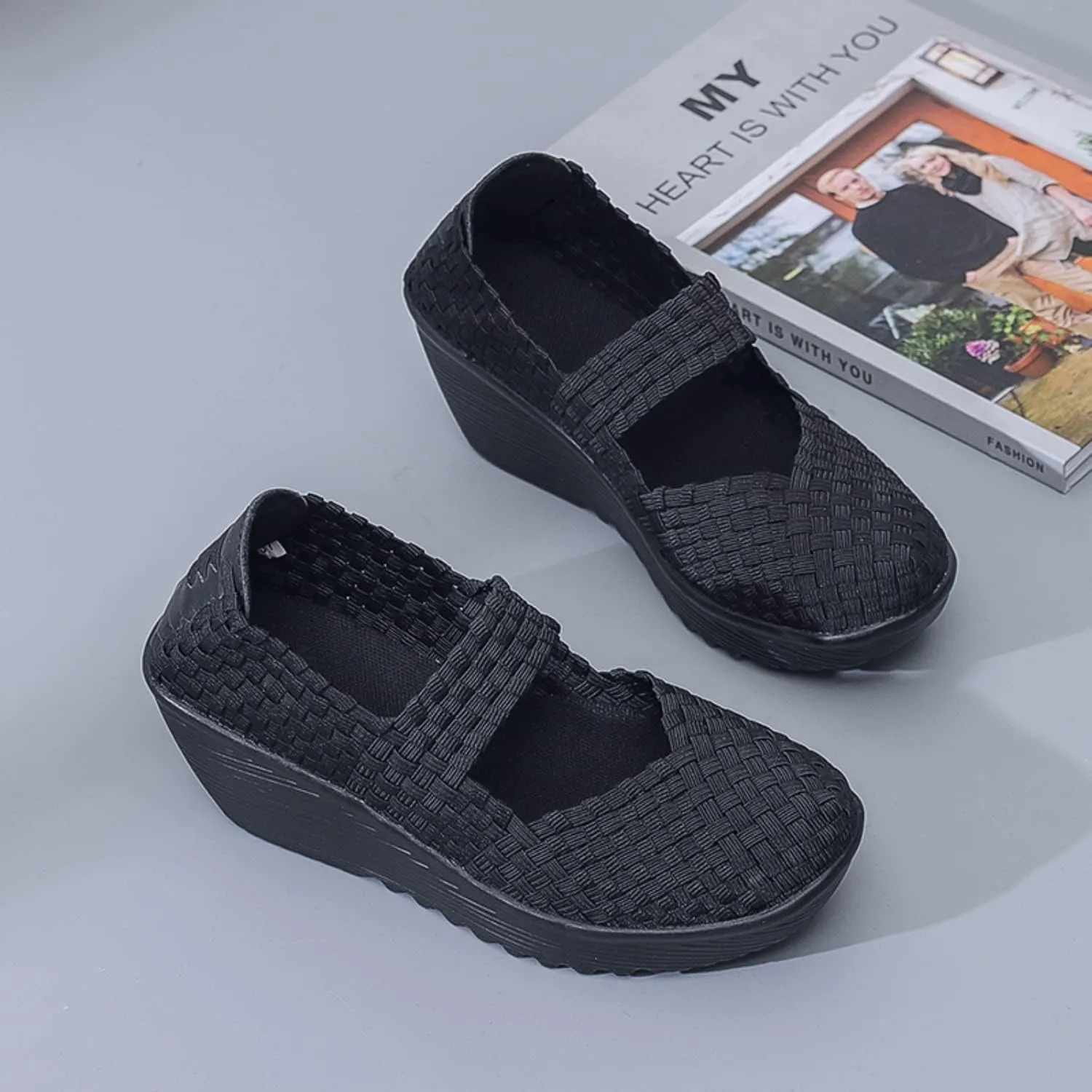 Touchmosees Women's Platform Wedge Sandals Woven Pumps Mary Jane Shoes Comfortable Walking Shoes