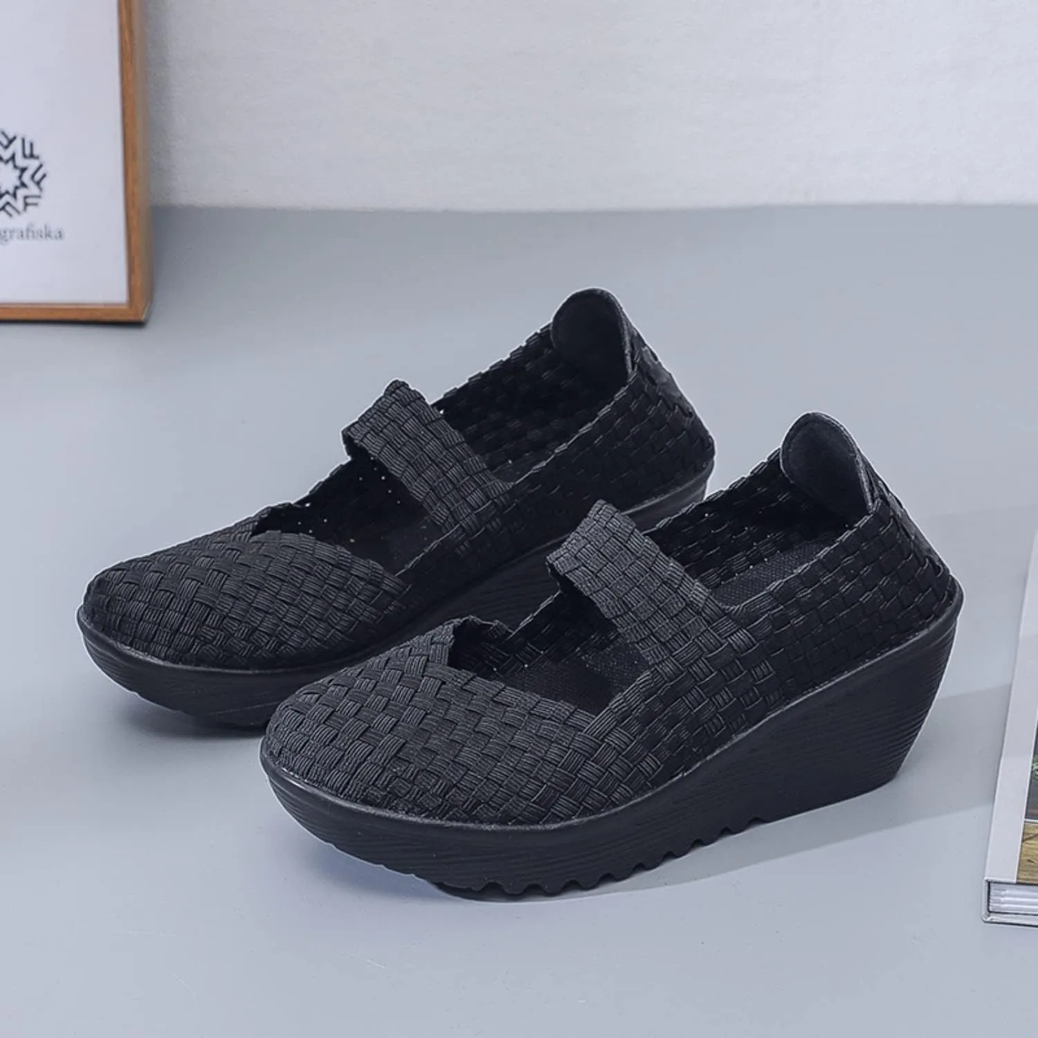 Touchmosees Women's Platform Wedge Sandals Woven Pumps Mary Jane Shoes Comfortable Walking Shoes