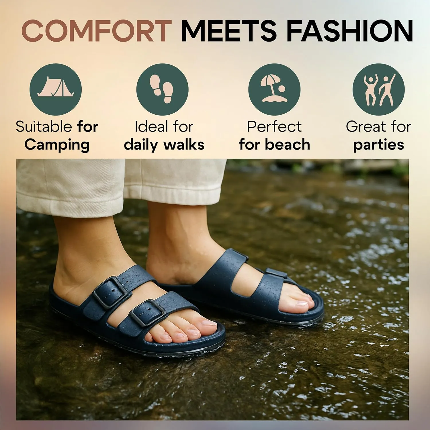 Trailvia Dress Black Sandals Men Open Toe Flip Flop, Comfortable Beach Slippers Durable Waterproof EVA Flat Slides with Adjustable Buckle, Non-Slip Footbed & Arch Support for Walking Hiking Outdoor, Footbed Size Men 6-11 Women 7-12