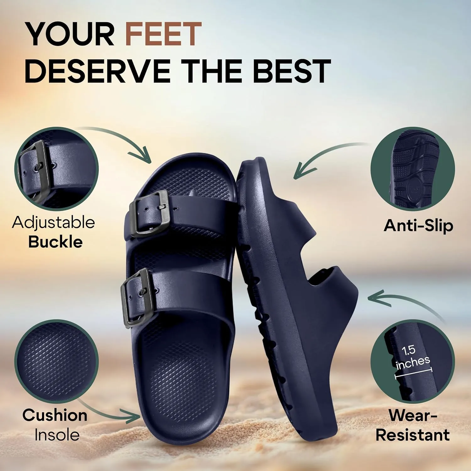 Trailvia Dress Black Sandals Men Open Toe Flip Flop, Comfortable Beach Slippers Durable Waterproof EVA Flat Slides with Adjustable Buckle, Non-Slip Footbed & Arch Support for Walking Hiking Outdoor, Footbed Size Men 6-11 Women 7-12