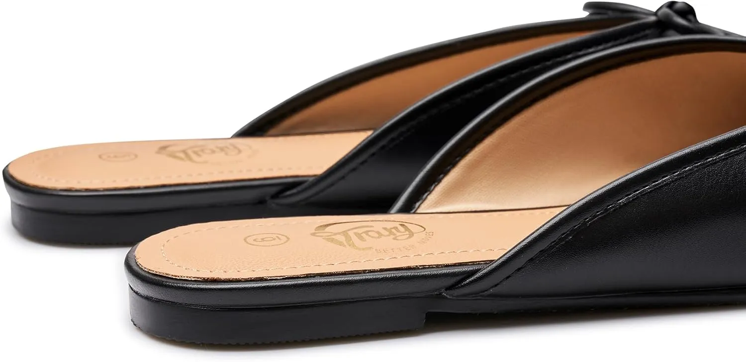 Trary Mules for Women 2025, Womens Mules Slip on Comfortable Bow Pointed Toe Womens Loafers, Backless Flats Mules Shoes for Women with Knot
