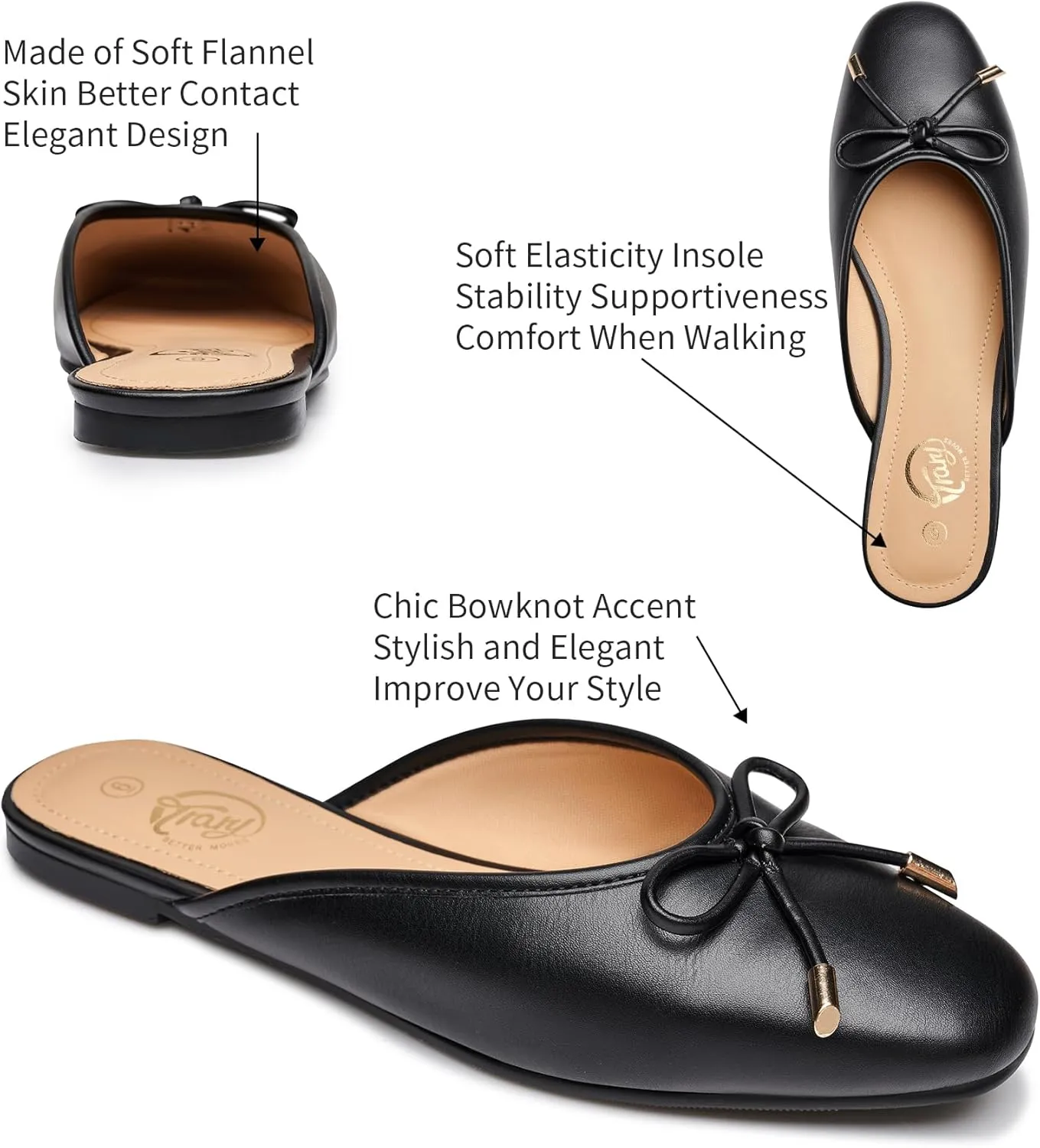 Trary Mules for Women 2025, Womens Mules Slip on Comfortable Bow Pointed Toe Womens Loafers, Backless Flats Mules Shoes for Women with Knot