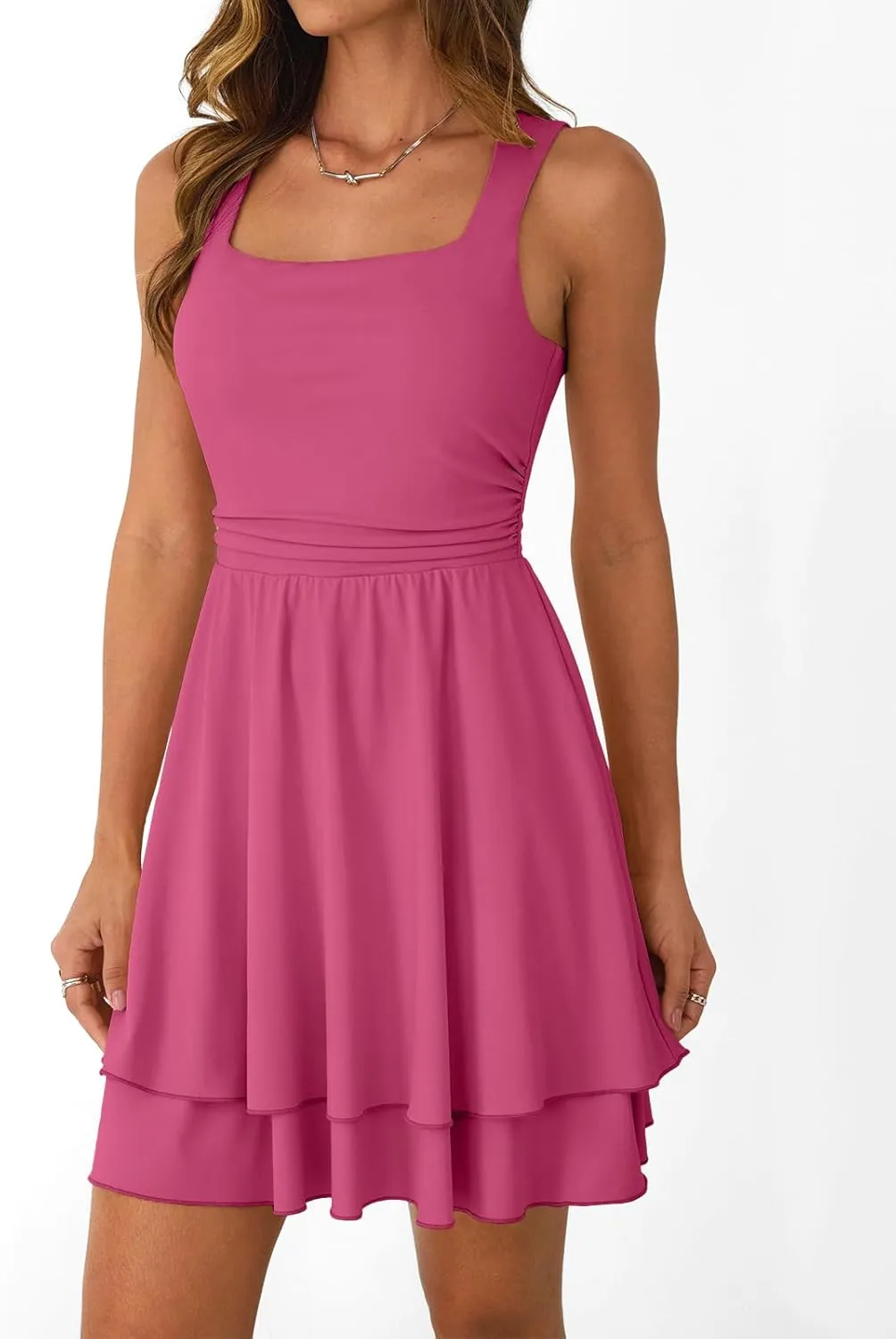 Trendy Queen Women's Square Neck Summer Party Flowy Ruffle Hem Ruched Waist Mini Dress