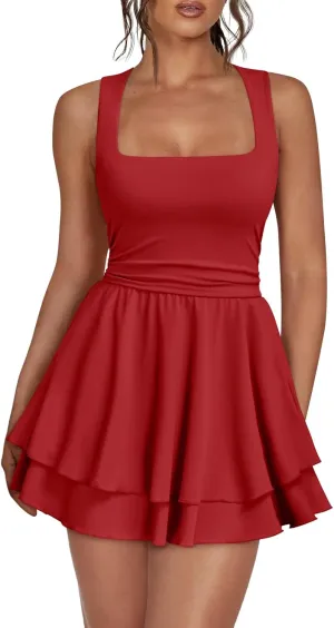 Trendy Queen Women's Square Neck Summer Party Flowy Ruffle Hem Ruched Waist Mini Dress