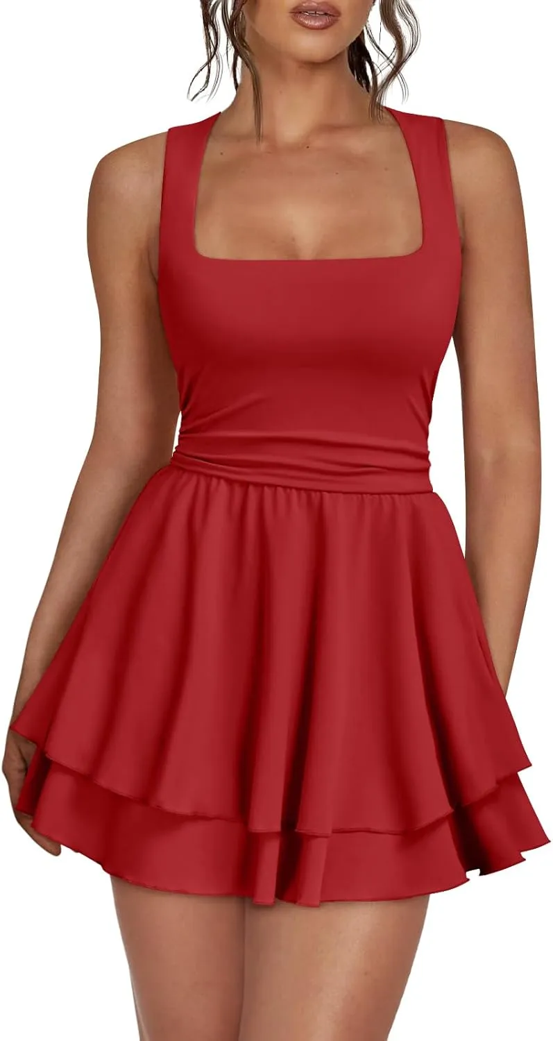 Trendy Queen Women's Square Neck Summer Party Flowy Ruffle Hem Ruched Waist Mini Dress