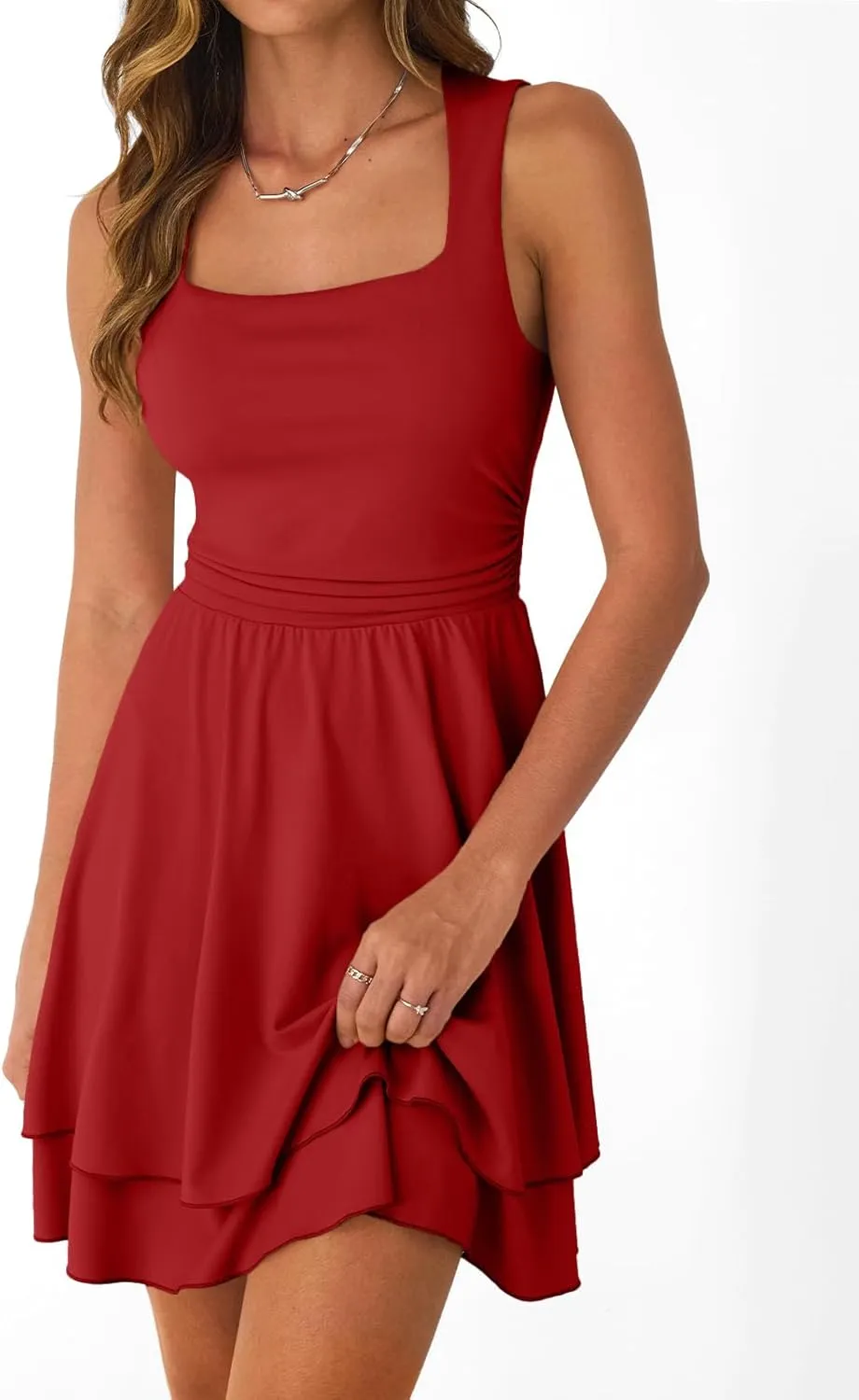 Trendy Queen Women's Square Neck Summer Party Flowy Ruffle Hem Ruched Waist Mini Dress