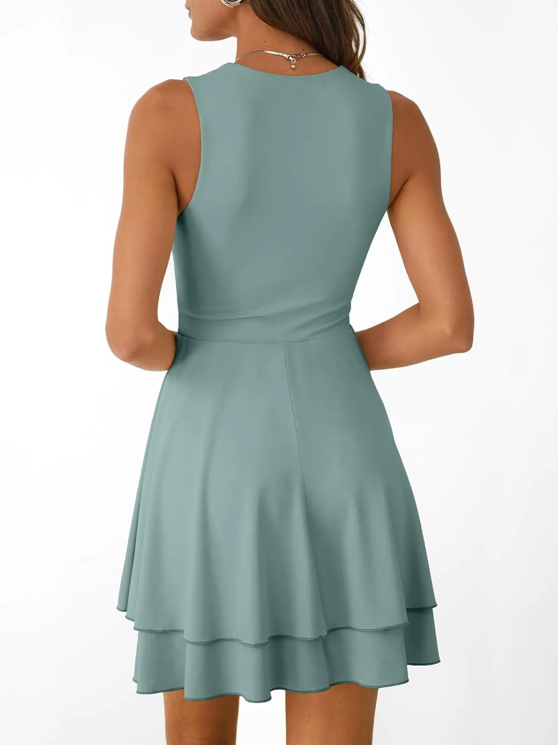 Trendy Queen Women's Square Neck Summer Party Flowy Ruffle Hem Ruched Waist Mini Dress