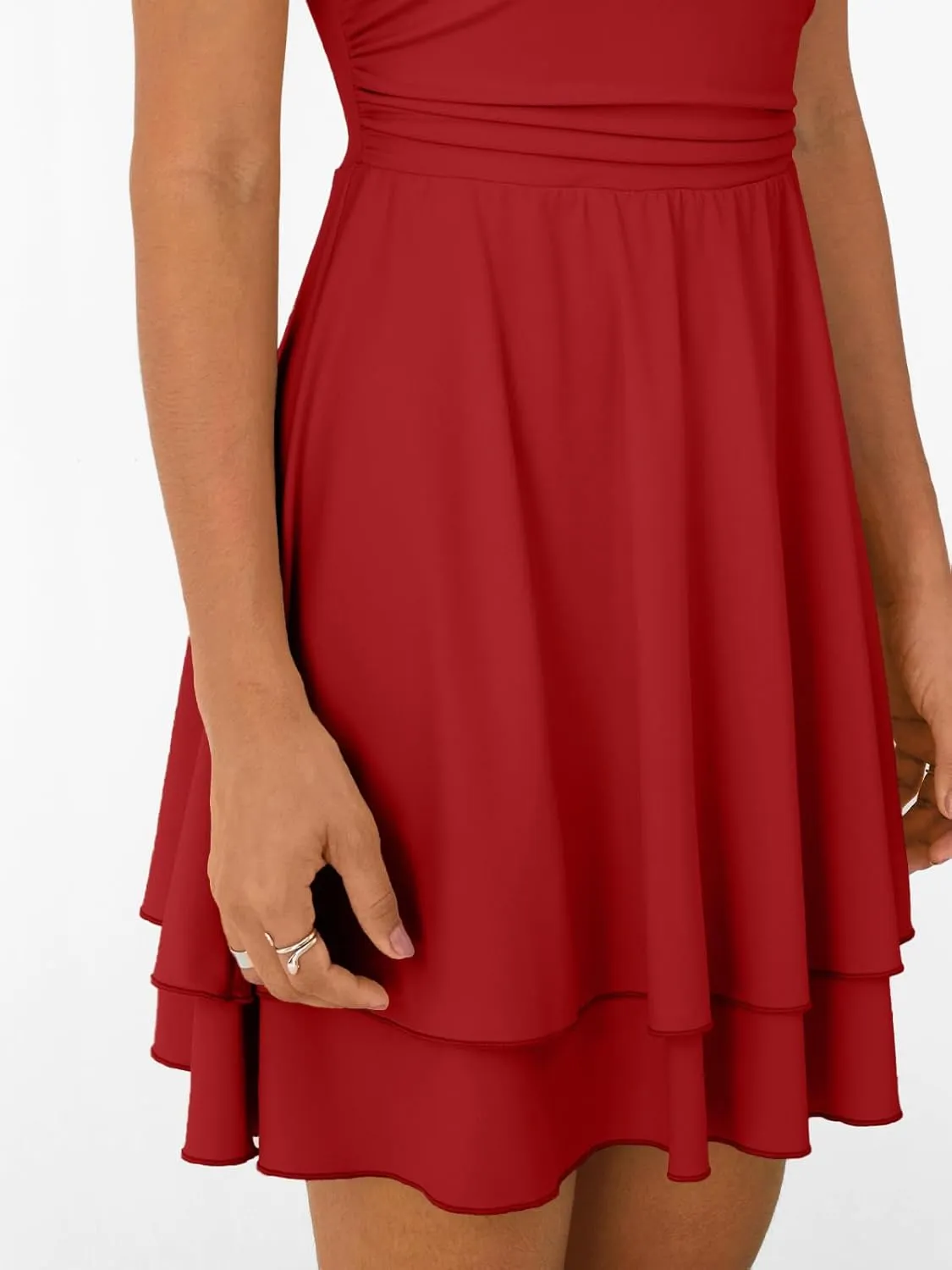 Trendy Queen Women's Square Neck Summer Party Flowy Ruffle Hem Ruched Waist Mini Dress