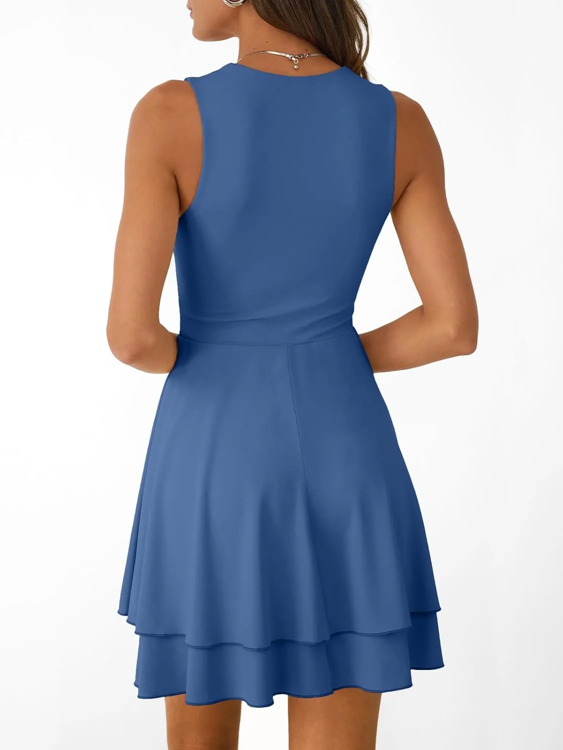 Trendy Queen Women's Square Neck Summer Party Flowy Ruffle Hem Ruched Waist Mini Dress